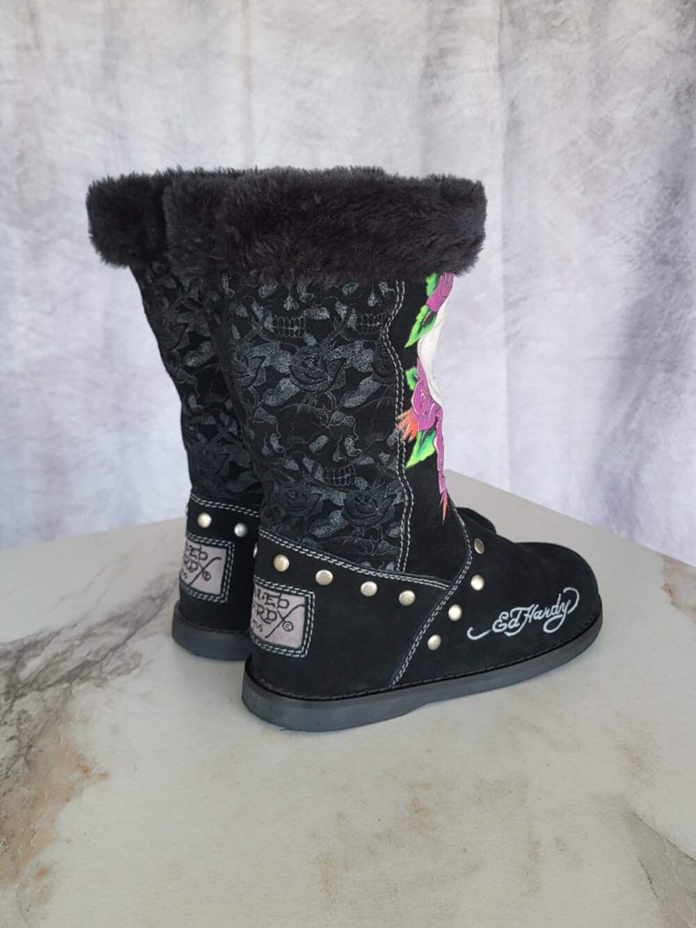 Ed Hardy Faux Fur Snow Boots Black Women's Size 6 - Picture 9 of 15